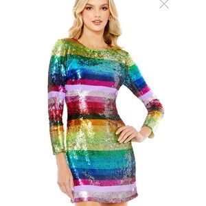 Mac Duggal Rainbow Sequin Long Sleeve Mini Dress Sz 6 Party Cocktail NWT 93724‎